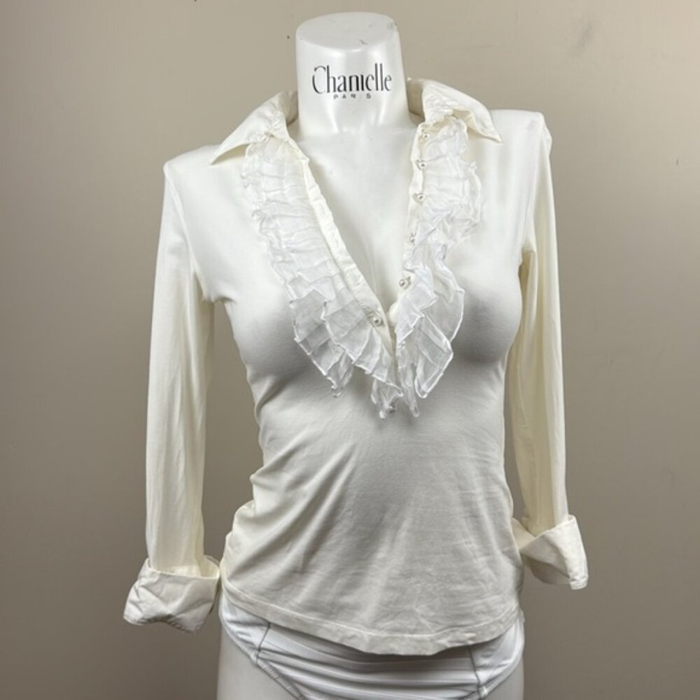 ANNE FONTAINE FRANCE white V neck ruffle details and pearl buttons blouse shirt